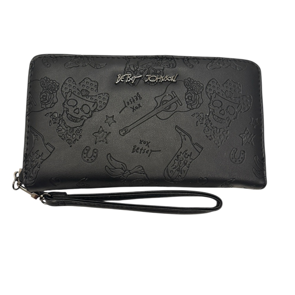 Betsey Johnson Cowboy Boots Skulls Guitars Embossed Wallet Wristlet Black
